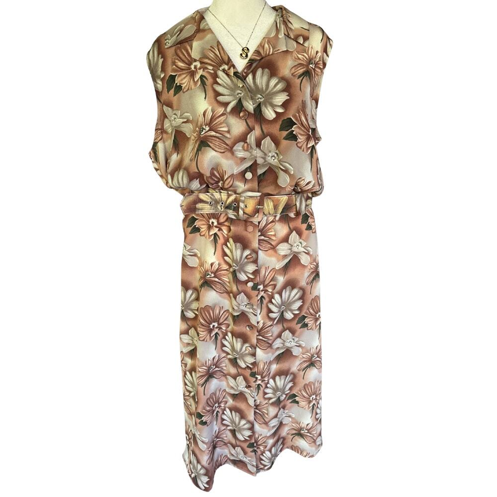Vintage Floral Belted Midi Dress Brown Cream Cottagecore Sleeveless Size L